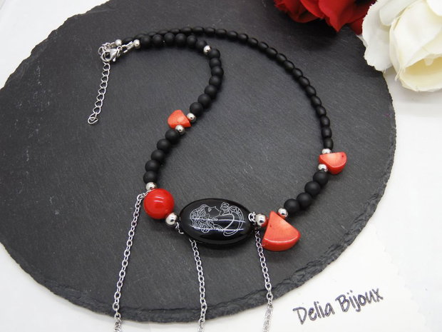 Colier handmade unicat - coral, onix, scoica (cod1211)