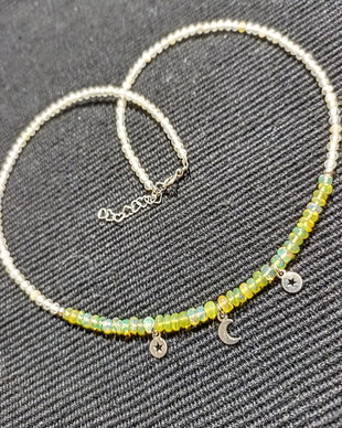 Colier argint opal de foc etiopian cuart lemon 3 charmuri stele semiluna minimalist boho chic trendy - Transport gratuit