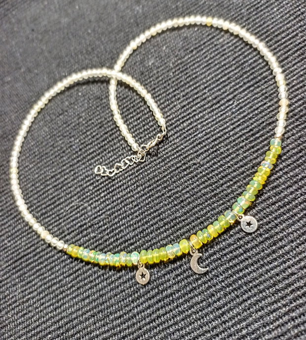 Colier argint opal de foc etiopian cuart lemon 3 charmuri stele semiluna minimalist boho chic trendy - Transport gratuit