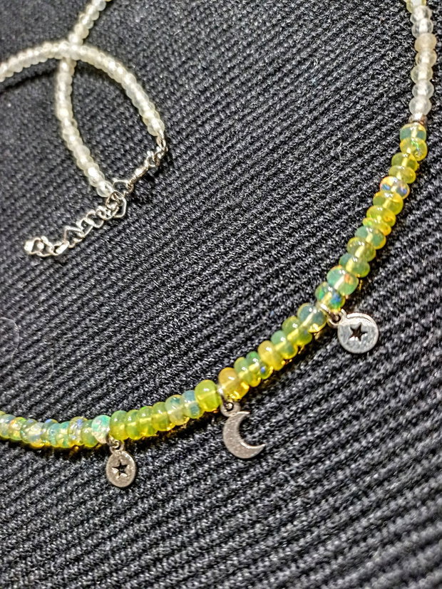 Colier argint opal de foc etiopian cuart lemon 3 charmuri stele semiluna minimalist boho chic trendy - Transport gratuit