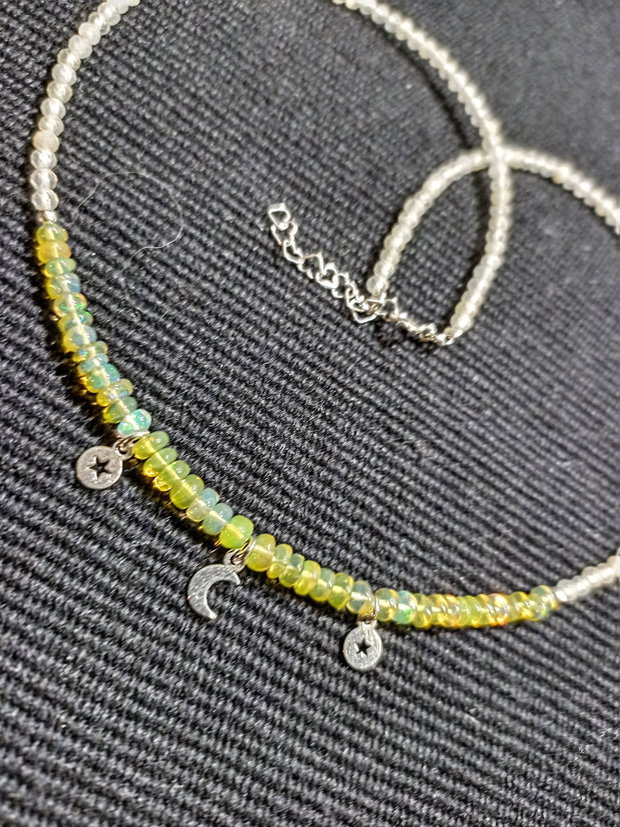 Colier argint opal de foc etiopian cuart lemon 3 charmuri stele semiluna minimalist boho chic trendy - Transport gratuit