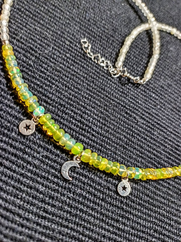 Colier argint opal de foc etiopian cuart lemon 3 charmuri stele semiluna minimalist boho chic trendy - Transport gratuit