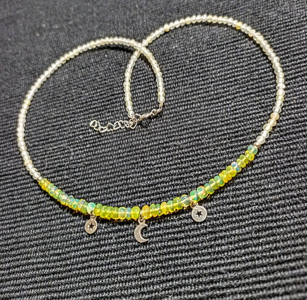Colier argint opal de foc etiopian cuart lemon 3 charmuri stele semiluna minimalist boho chic trendy - Transport gratuit