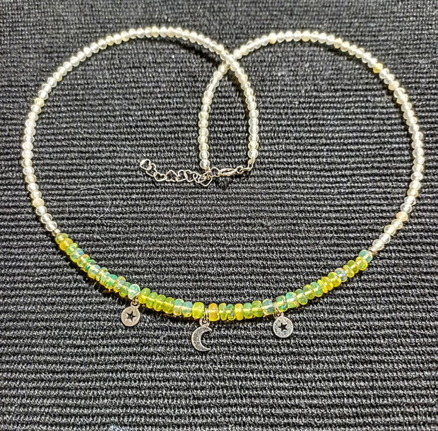 Colier argint opal de foc etiopian cuart lemon 3 charmuri stele semiluna minimalist boho chic trendy - Transport gratuit