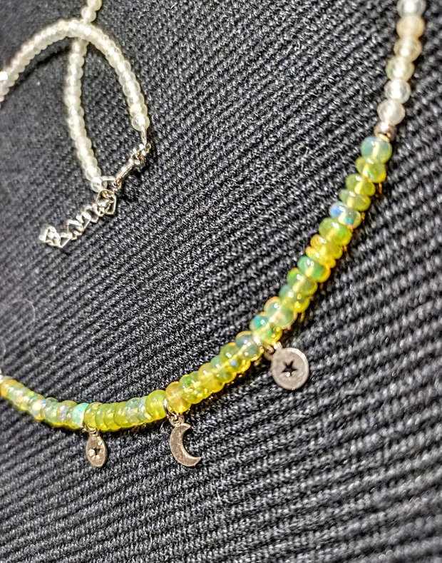 Colier argint opal de foc etiopian cuart lemon 3 charmuri stele semiluna minimalist boho chic trendy - Transport gratuit