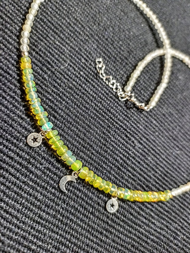 Colier argint opal de foc etiopian cuart lemon 3 charmuri stele semiluna minimalist boho chic trendy - Transport gratuit