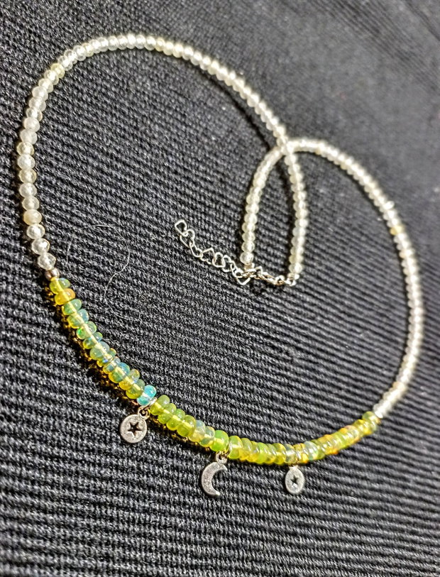 Colier argint opal de foc etiopian cuart lemon 3 charmuri stele semiluna minimalist boho chic trendy - Transport gratuit