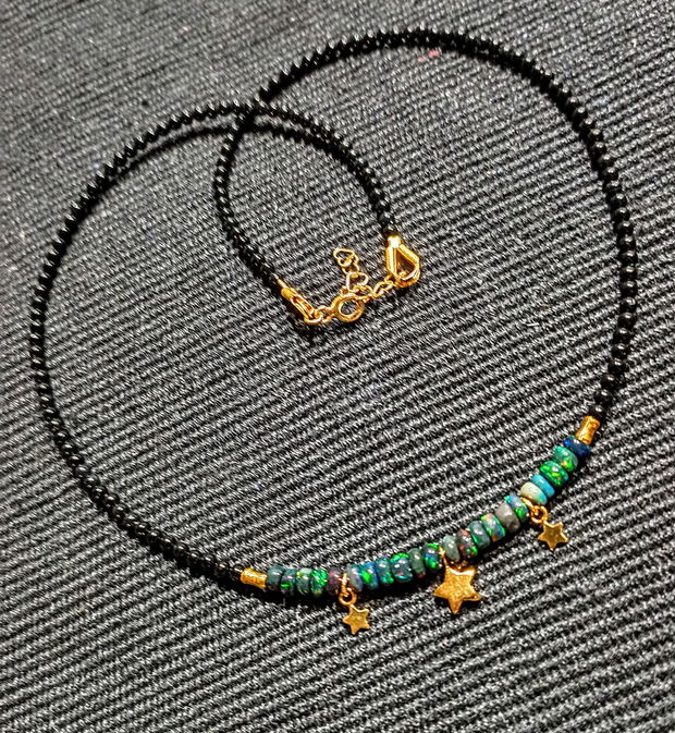 Colier vermeil opal de foc etiopian spinel negru charmuri stele argint placat cu aur minimalist boho chic trendy cadou - Transport gratuit