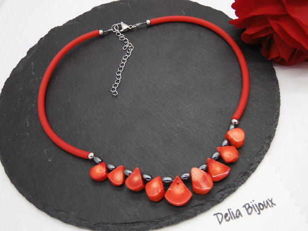 Colier handmade unicat - coral, hematit (cod1212)