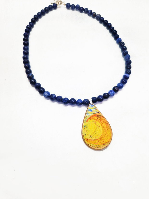 Colier "Van Gogh-Teardrop Moon" din fragment de portelan, argint si Lapis Lazuli