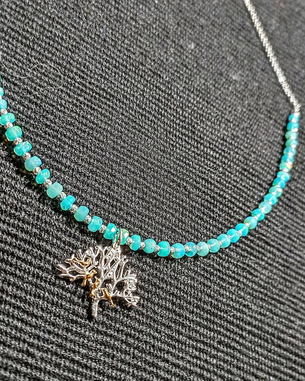 Colier argint opal de foc Paraiba fatetat charm copacul vietii 2 tonuri pasari argint vermeil lant argint minimalist boho chic trendy cadou - Transport gratuit