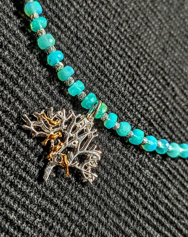 Colier argint opal de foc Paraiba fatetat charm copacul vietii 2 tonuri pasari argint vermeil lant argint minimalist boho chic trendy cadou - Transport gratuit