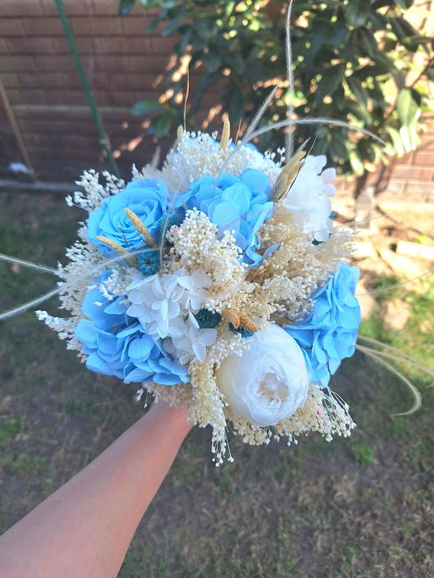 Buchet mireasa alb / albastru
