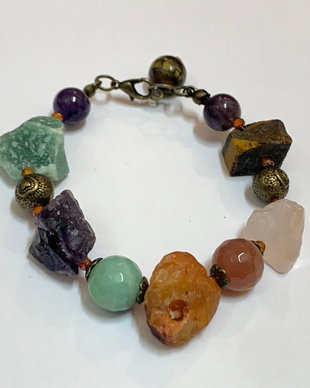 BRĂȚARĂ ~ASIMETRIC STONES~ ametist,cuart roz,ochi de tigru,aventurin,agate,bronz