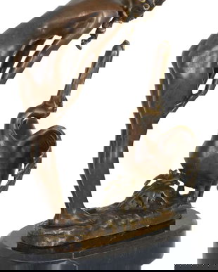 Femeie nud cu pelican-statueta Art Deco din bronz