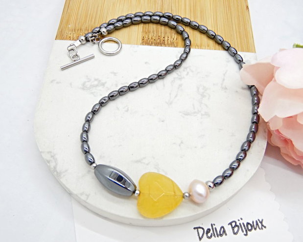 Colier handmade unicat - perla cultura, agata, hematit (cod1214)