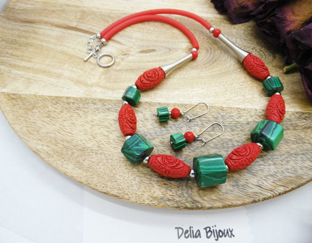 Set bijuterii handmade - malachit si cinabru (cod1215)