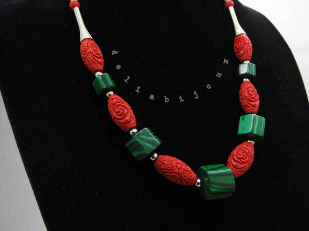 Set bijuterii handmade - malachit si cinabru (cod1215)