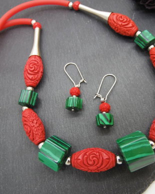 Set bijuterii handmade - malachit si cinabru (cod1215)