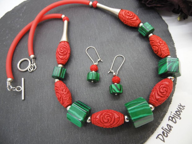 Set bijuterii handmade - malachit si cinabru (cod1215)