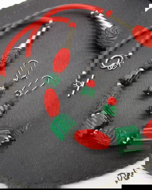 Set bijuterii handmade - malachit si cinabru (cod1215)