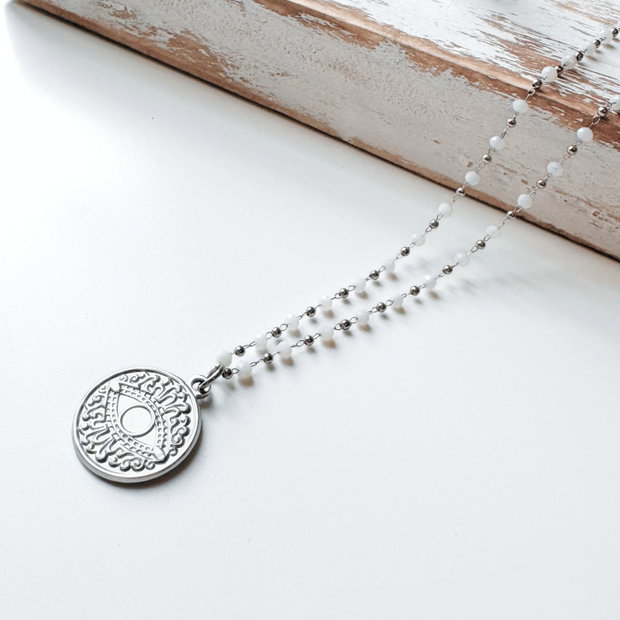 Colier Evil Eye din otel inoxidabil cu albe - Protectie energii negative