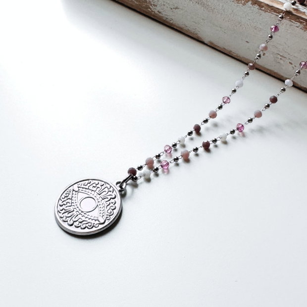 Colier Evil Eye din otel inoxidabil cu cristale roz - lila - Protectie energii negative