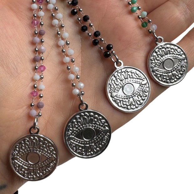 Colier Evil Eye din otel inoxidabil cu cristale roz - lila - Protectie energii negative