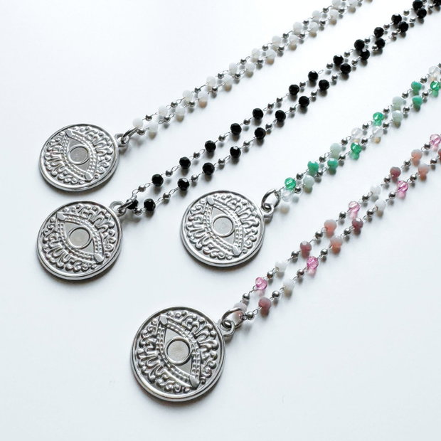 Colier Evil Eye din otel inoxidabil cu cristale verzi - Protectie energii negative