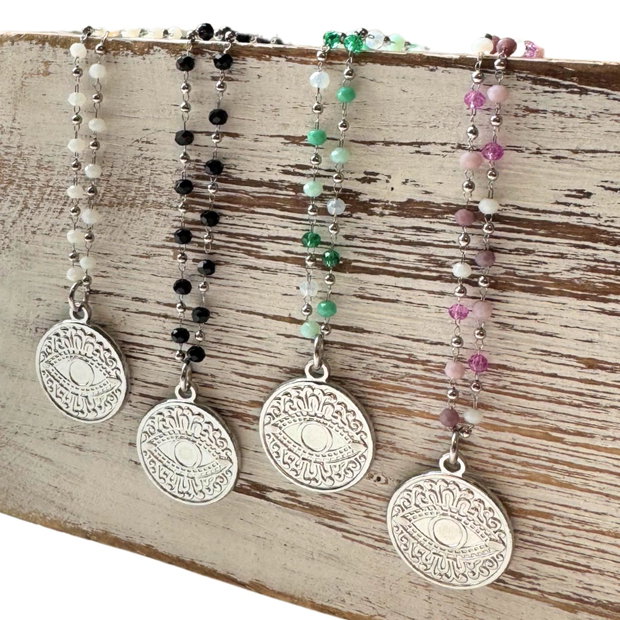 Colier Evil Eye din otel inoxidabil cu cristale verzi - Protectie energii negative