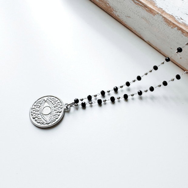 Colier Evil Eye din otel inoxidabil cu cristale negre - Protectie energii negative