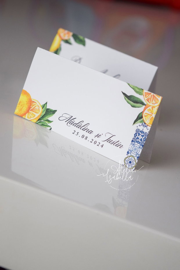 Place Card nuntă în stil mediteranean și lămâi