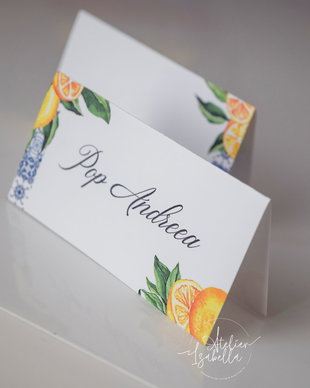 Place Card nuntă în stil mediteranean și lămâi
