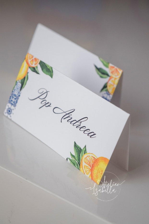 Place Card nuntă în stil mediteranean și lămâi