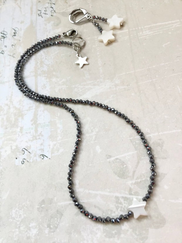 Colier CHOKER terahertz gri & steluta sidef alb natural