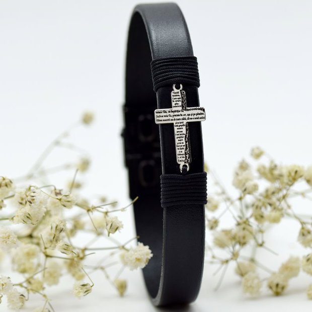 Bratara cu piele naturala simbol cruciulita personalizata cu rugaciunea Tatl nostru Argint 925