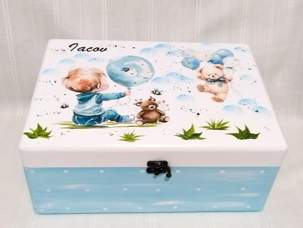 Cutie de trusou pentru botez sau mot cu băiețel și ursulet cu baloane