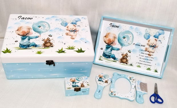 Cutie de trusou pentru botez sau mot cu băiețel și ursulet cu baloane