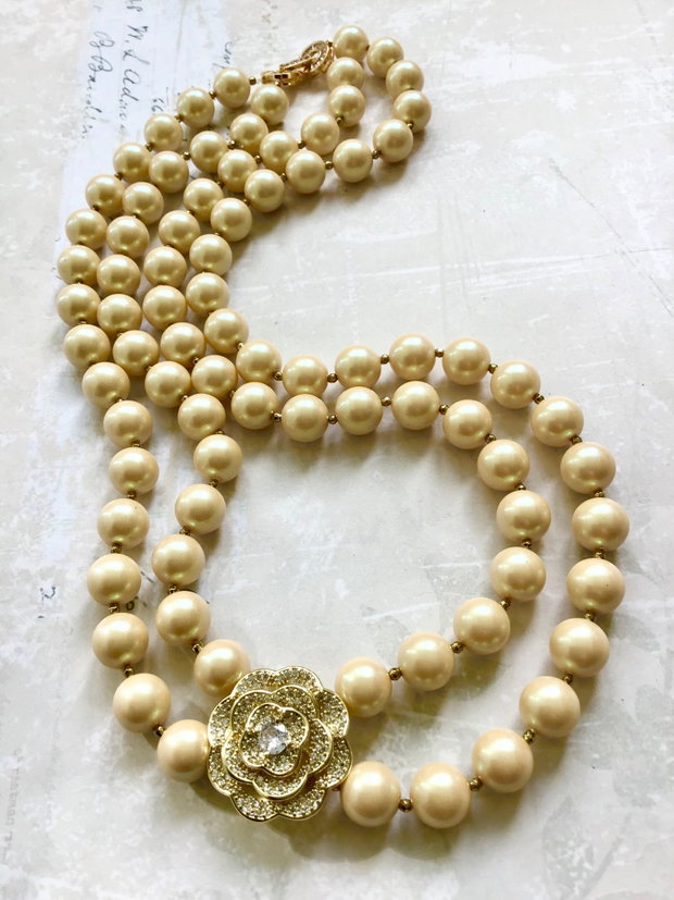 Colier lung dublu perle aurii Swarovski & floare inox gold cubic zirconia