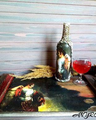 Set cadou-tava din lemn  +sticla de vin 00365