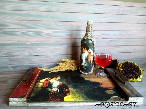 Set cadou-tava din lemn +sticla de vin 00365