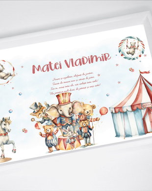 Set aniversar personalizat 1 anisor - La circ- Tavita mot si accesorii