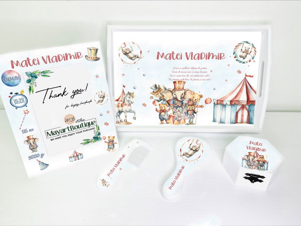 Set aniversar personalizat 1 anisor - La circ- Tavita mot si accesorii