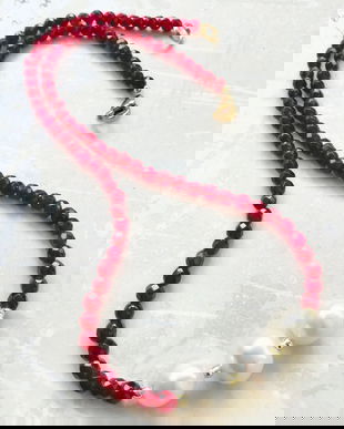 Colier CHOKER Jad rubiniu & perle albe e cultura