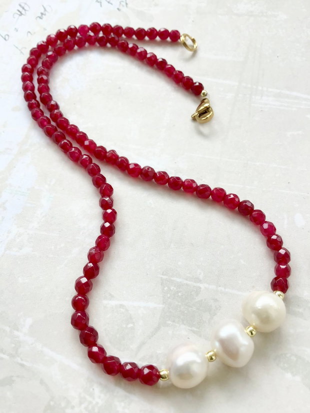 Colier CHOKER Jad rubiniu & perle albe e cultura