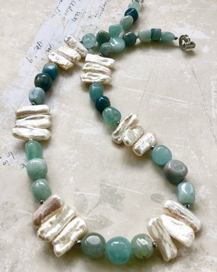 Colier perle Biwa & Aquamarin / acvamarin