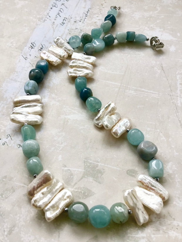 Colier perle Biwa & Aquamarin / acvamarin