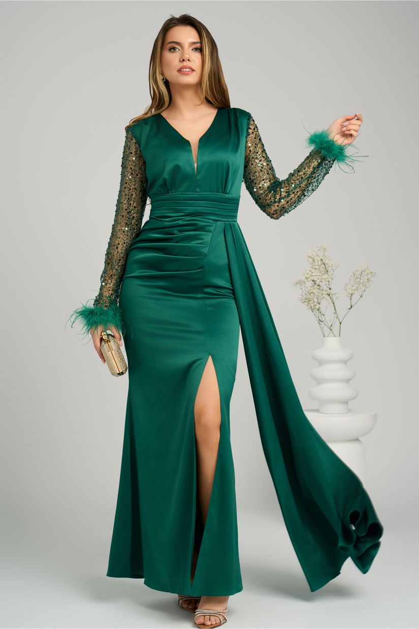 Rochie Ella Collection Alora lunga eleganta din tafta verde cu paiete si pene pe maneci