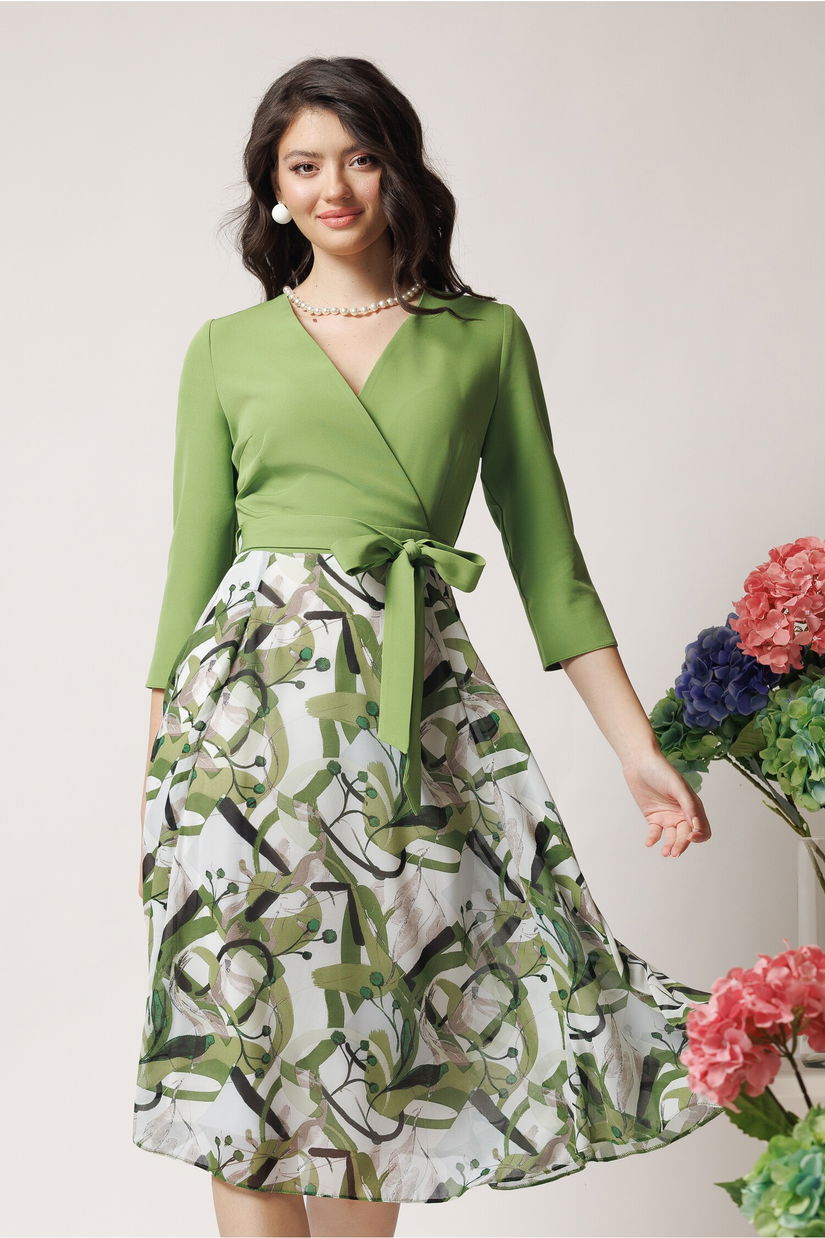 Rochie DY Fashion office din stofa si voal verde cu imprimeu pe fusta