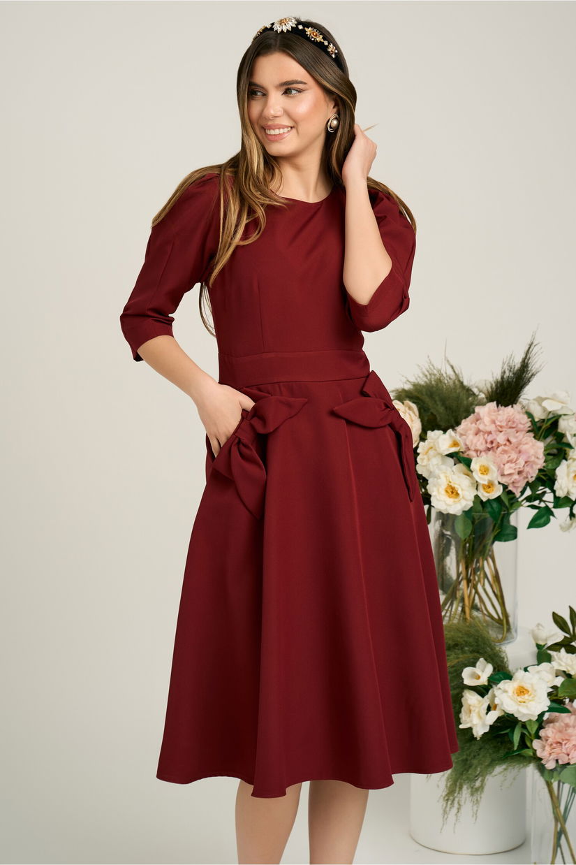 Rochie Ella Collection Quinn office din stofa bordo cu funde la buzunare